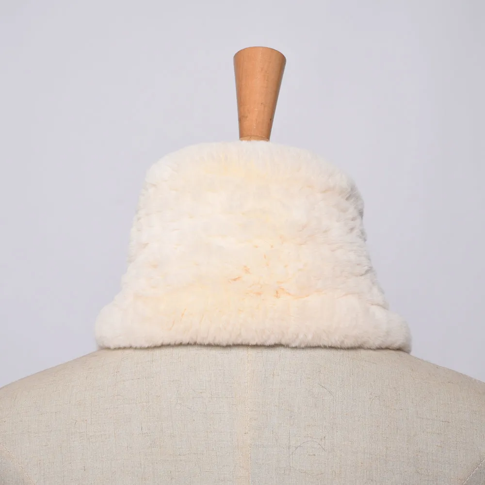 Rabbit Fur Scarf Women Winter Knitted Collar Beige with Pompoms