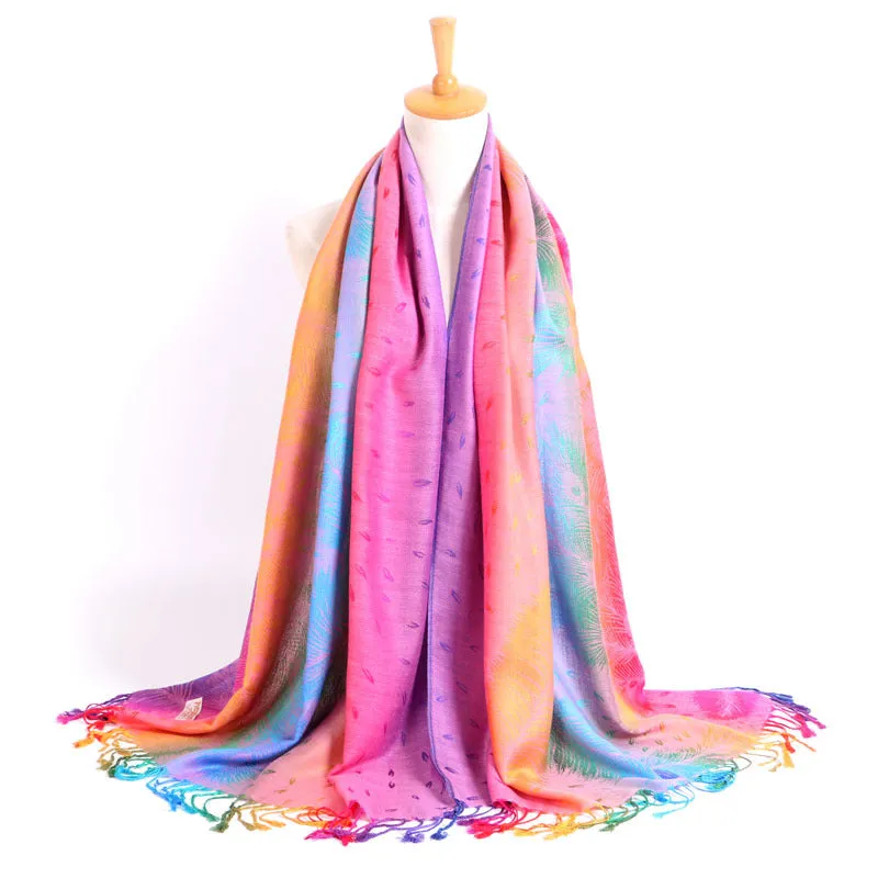 Rainbow Feather Print Long Scarf Shawl Fringed Scarves for Women Ladies Girls