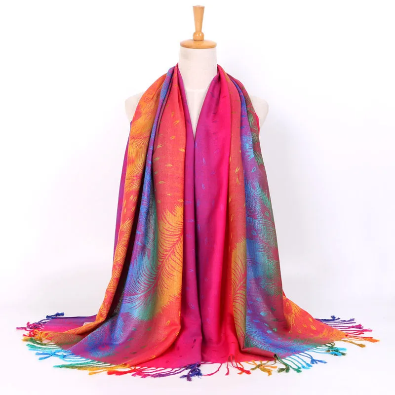 Rainbow Feather Print Long Scarf Shawl Fringed Scarves for Women Ladies Girls