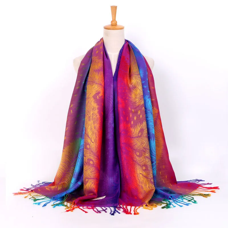 Rainbow Feather Print Long Scarf Shawl Fringed Scarves for Women Ladies Girls