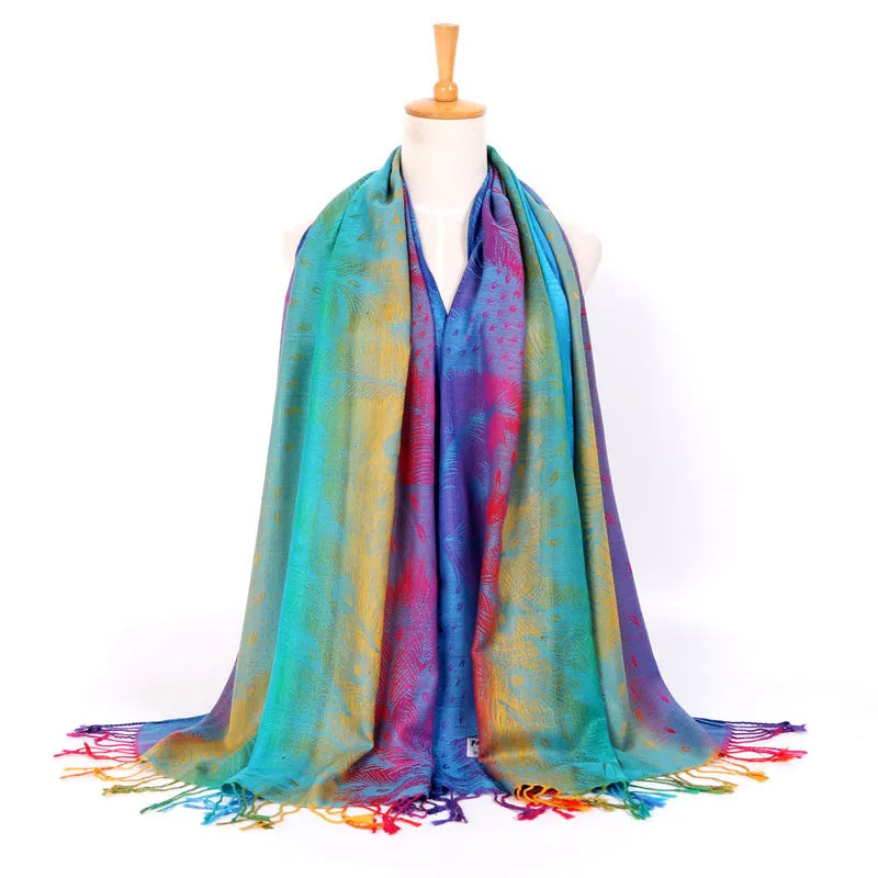 Rainbow Feather Print Long Scarf Shawl Fringed Scarves for Women Ladies Girls