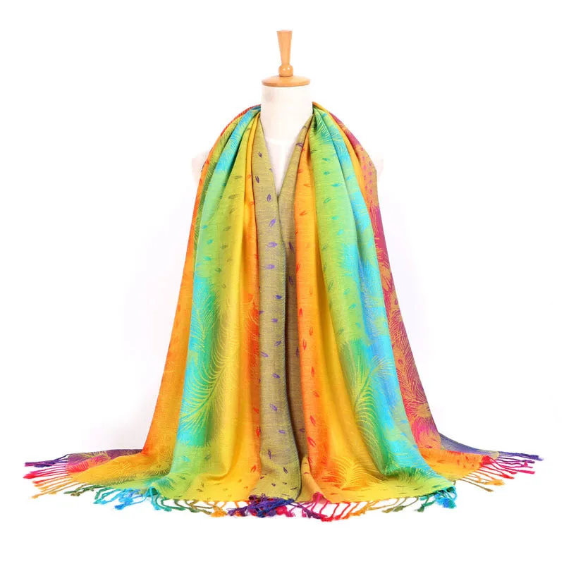 Rainbow Feather Print Long Scarf Shawl Fringed Scarves for Women Ladies Girls