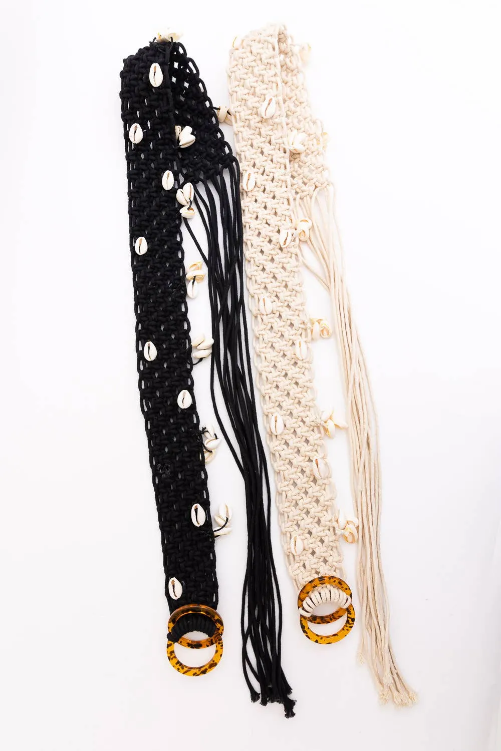 Rope Braided Sea Shell Embroidered Tie Up Belt: Black
