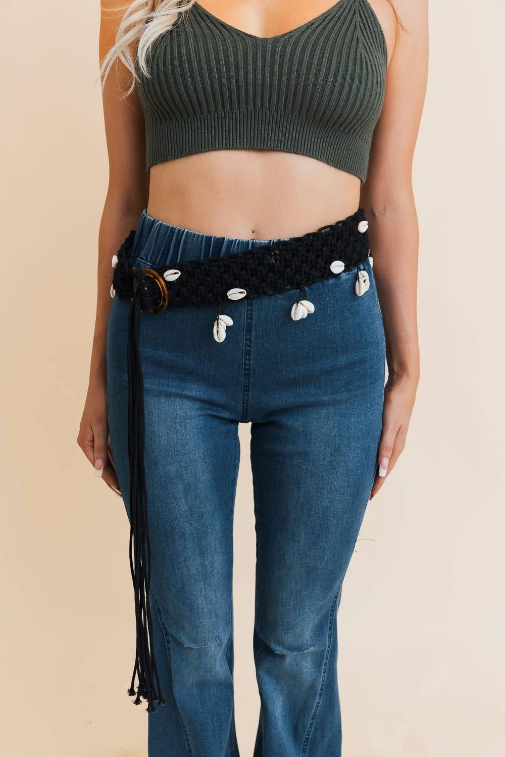 Rope Braided Sea Shell Embroidered Tie Up Belt: Black