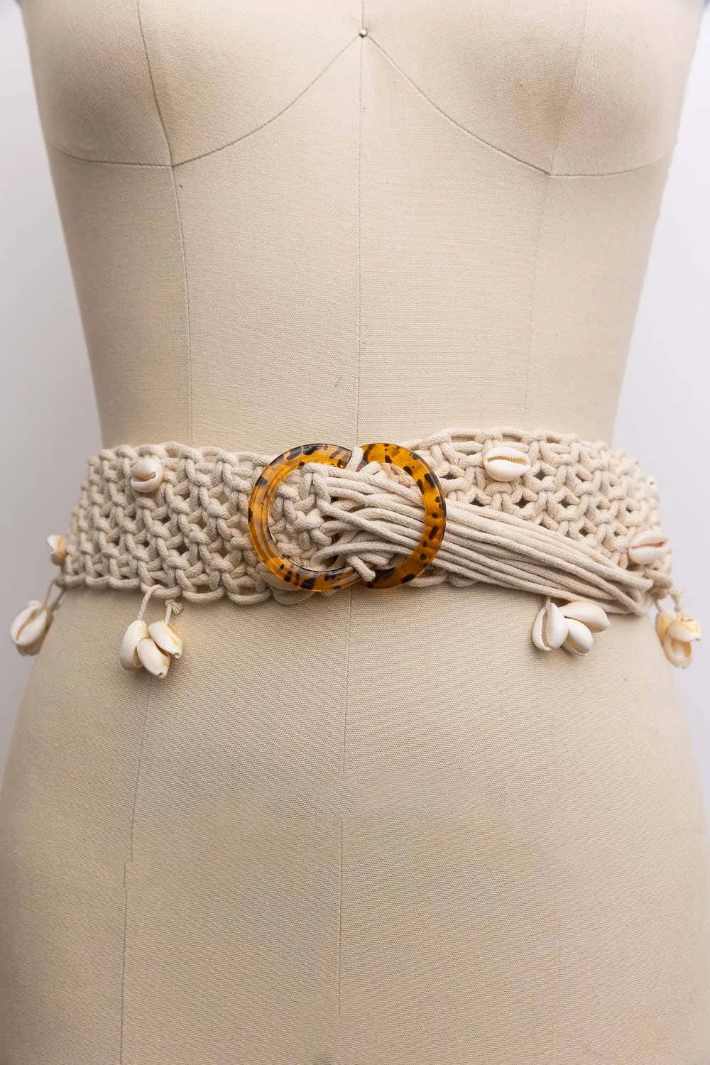 Rope Braided Sea Shell Embroidered Tie Up Belt: Black