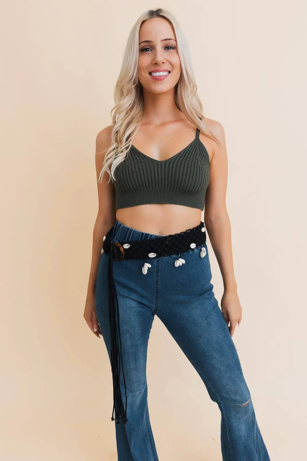 Rope Braided Sea Shell Embroidered Tie Up Belt: Black
