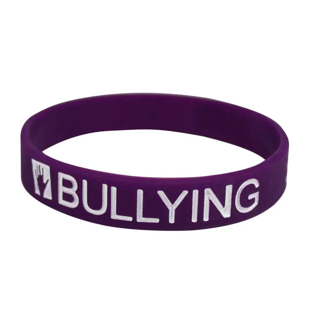Silicone Wristbands Color Filled Debossed 1/2" Words Hurt-Bullying-Save A Life - Grape (100/Pack)