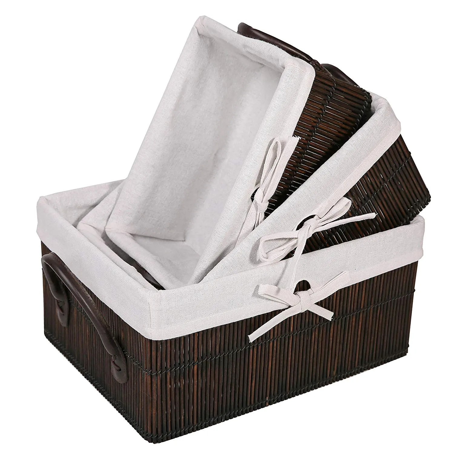 SLPR Rectangular Bamboo Baskets with Leather Handles and Lining (Set of 3) | Farmhouse Rustic Country Style Storage for Closet Bedroom Kitchen Nursery