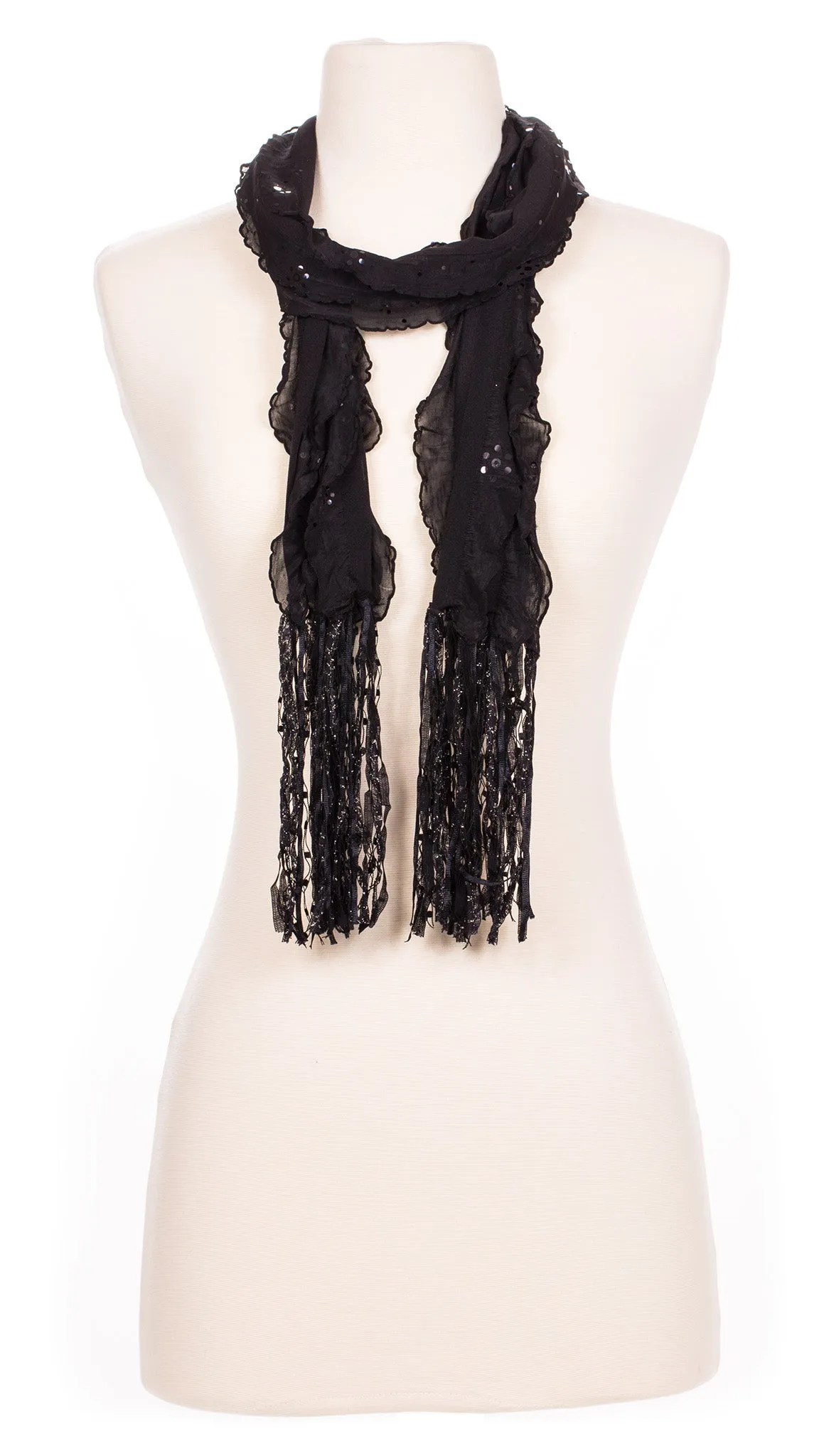 Solid Black Sequin Waves Fabric Scarf