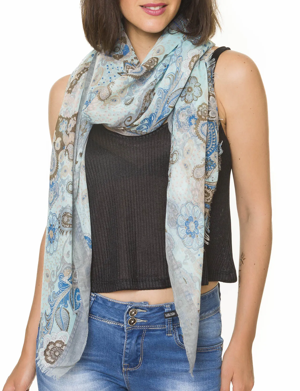 Spanish Design Printed Viscose Scarf (Aqua Paisley)