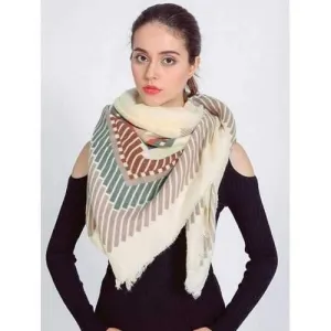 Streetwear Short Stripe Fringed Shawl Wrap Scarf - Beige