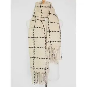 Tasseled Plaid Knitted Scarf - Off-white