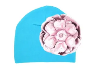 Teal Cotton Hat with Metallic Pale Pink Rose