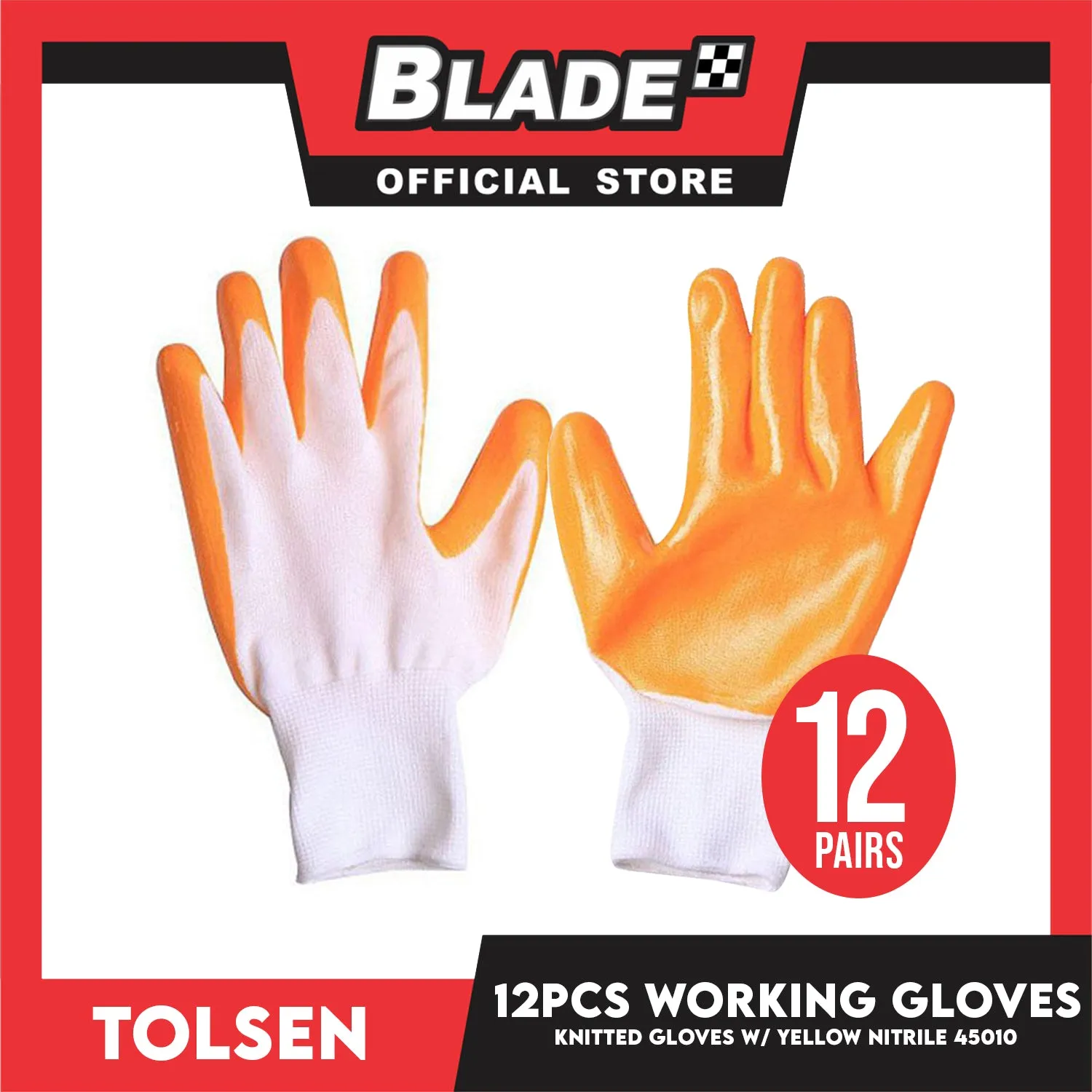 Tolsen 45010 Working Knitted Gloves with Yellow Nitrile Set of 12pairs Polyester Heavy Duty 10 (XL)