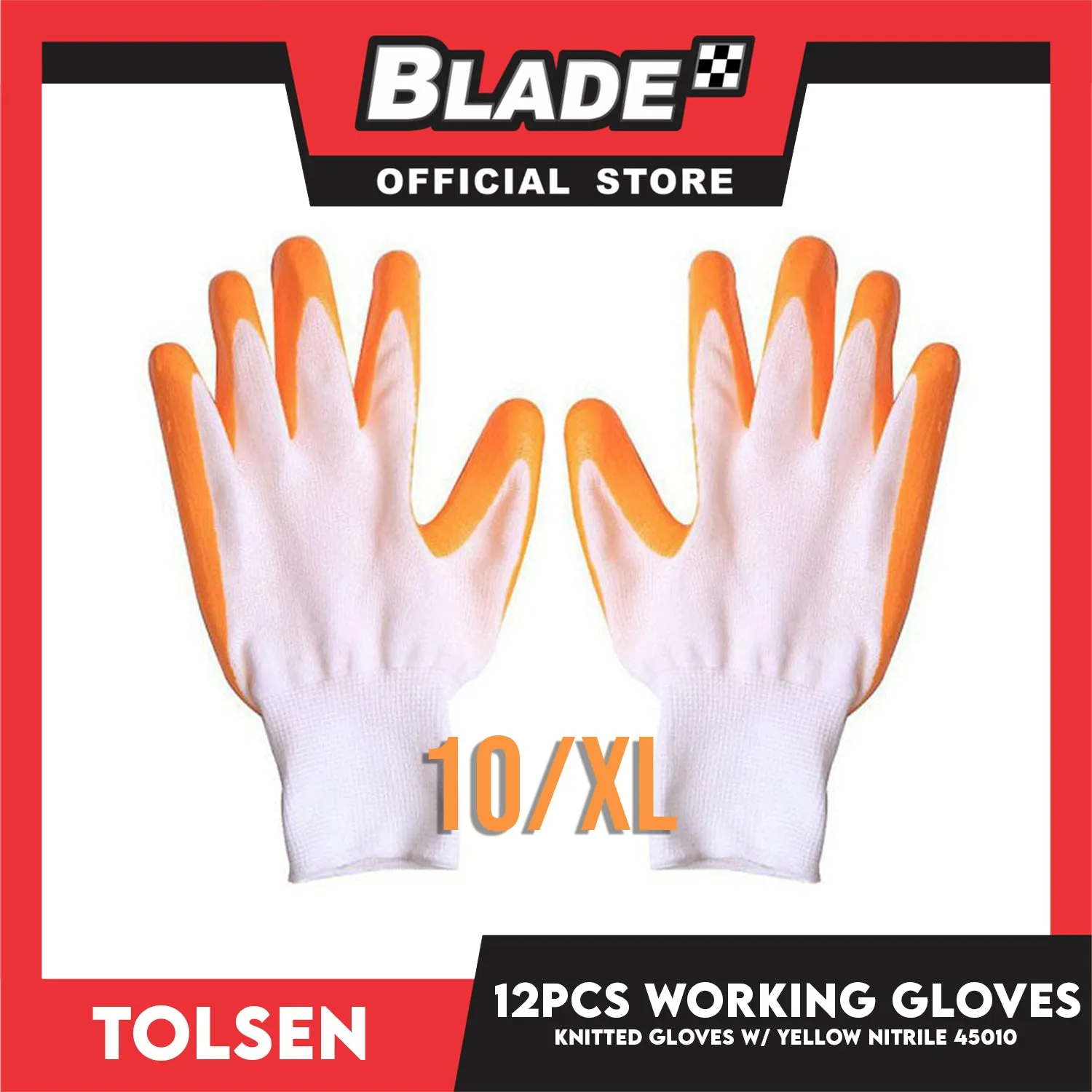 Tolsen 45010 Working Knitted Gloves with Yellow Nitrile Set of 12pairs Polyester Heavy Duty 10 (XL)