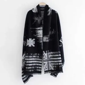 Union Flag Stripe Print Fringed Edge Shawl Pashmina - Light Gray