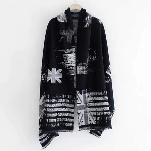 Union Flag Stripe Print Fringed Edge Shawl Pashmina - Light Gray