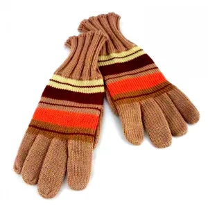 Vintage Wool Hand  Knit GlovesMocha w/ Orange  Stripes 1940s