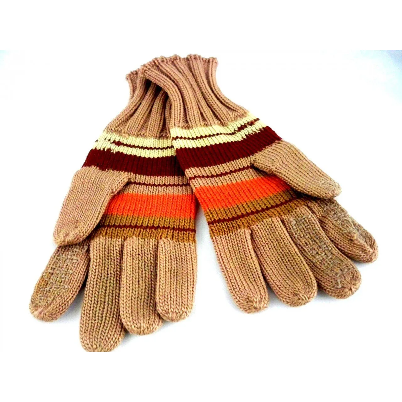 Vintage Wool Hand  Knit GlovesMocha w/ Orange  Stripes 1940s