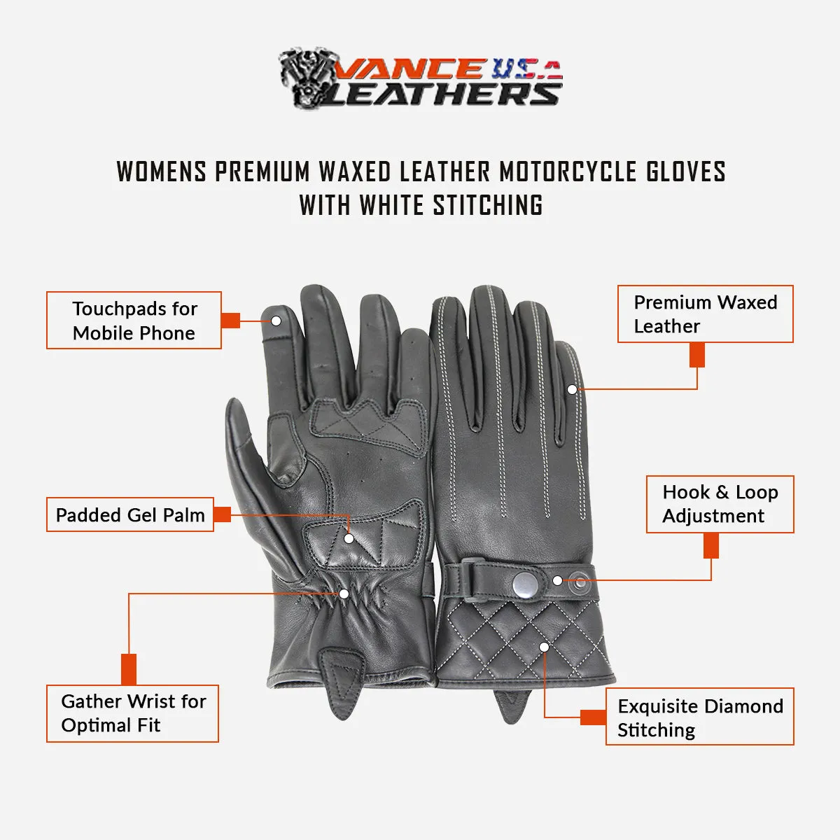 VL416 Women's Premium Waxed Leather Motorcycle Gloves with White stitching