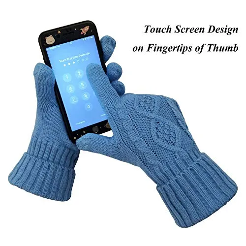 Warm Scarf Glove Hat Beanie Set - Cable Knit Winter Gift Set Pom Cap Touch Screen Glove Long Scarf 3 PCS Set for Women (Sky blue)