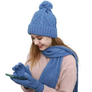Warm Scarf Glove Hat Beanie Set - Cable Knit Winter Gift Set Pom Cap Touch Screen Glove Long Scarf 3 PCS Set for Women (Sky blue)