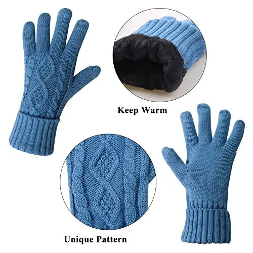 Warm Scarf Glove Hat Beanie Set - Cable Knit Winter Gift Set Pom Cap Touch Screen Glove Long Scarf 3 PCS Set for Women (Sky blue)