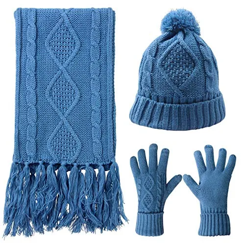 Warm Scarf Glove Hat Beanie Set - Cable Knit Winter Gift Set Pom Cap Touch Screen Glove Long Scarf 3 PCS Set for Women (Sky blue)
