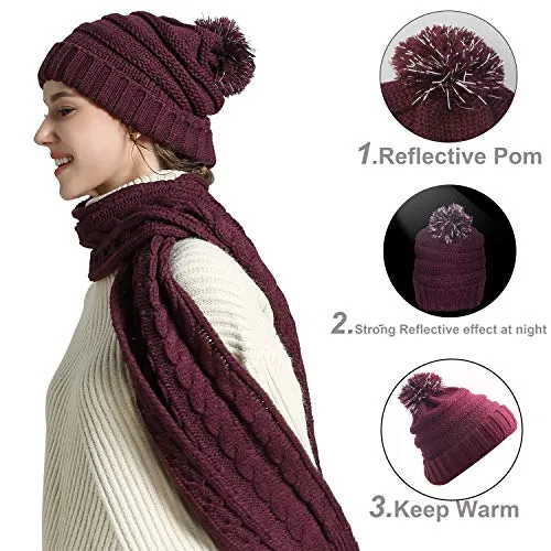 Warm Scarf Glove Hat Beanie Set - Cable Knit Winter Gift Set Pom Cap Touch Screen Glove Long Scarf 3 PCS Set for Women