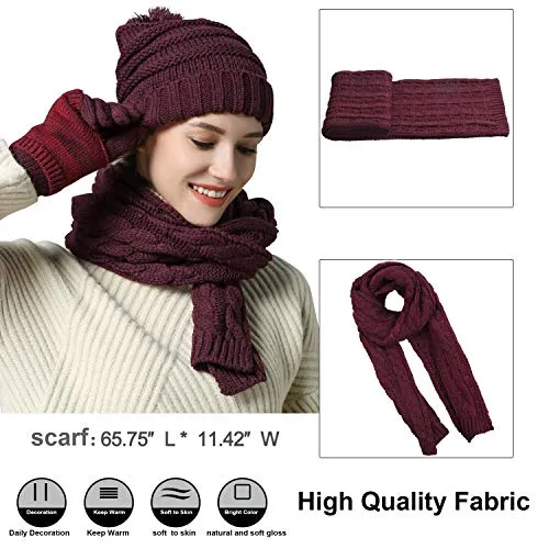 Warm Scarf Glove Hat Beanie Set - Cable Knit Winter Gift Set Pom Cap Touch Screen Glove Long Scarf 3 PCS Set for Women
