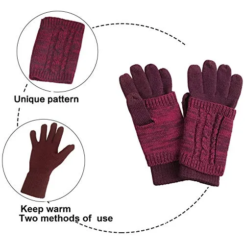 Warm Scarf Glove Hat Beanie Set - Cable Knit Winter Gift Set Pom Cap Touch Screen Glove Long Scarf 3 PCS Set for Women