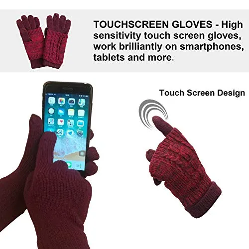 Warm Scarf Glove Hat Beanie Set - Cable Knit Winter Gift Set Pom Cap Touch Screen Glove Long Scarf 3 PCS Set for Women