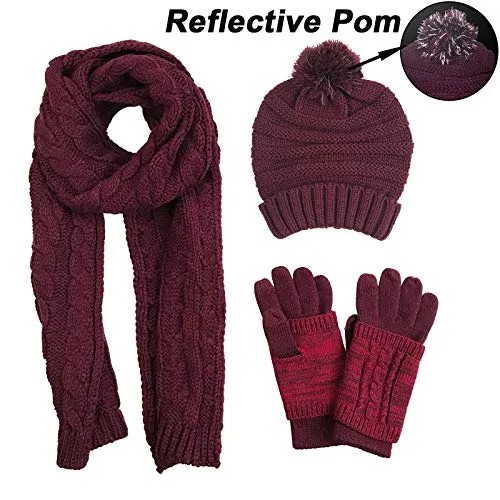 Warm Scarf Glove Hat Beanie Set - Cable Knit Winter Gift Set Pom Cap Touch Screen Glove Long Scarf 3 PCS Set for Women