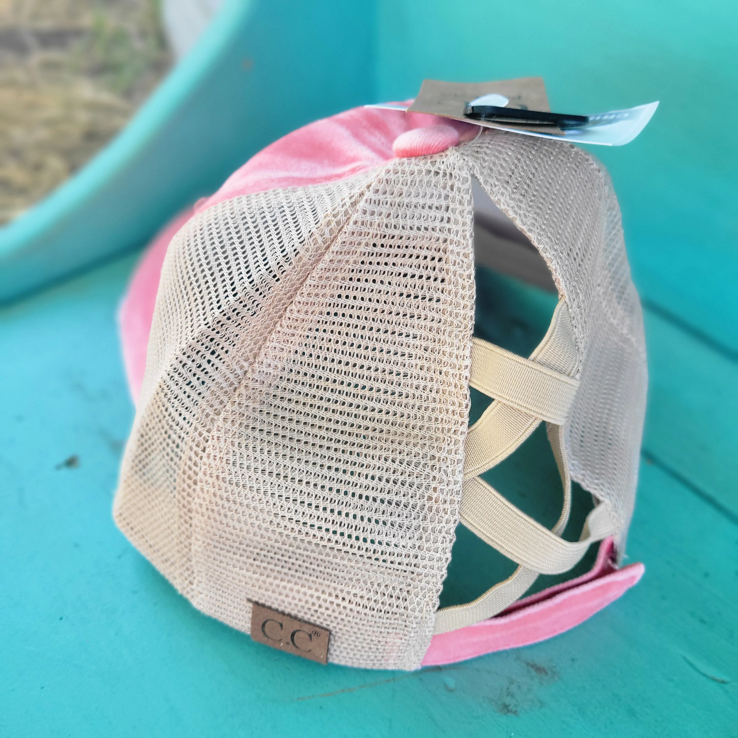 Washed Denim Criss Cross High Pony CC Ball Cap - Coral/Beige