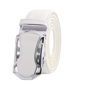 White Mens Adjustable Ratchet Slide Buckle Belt - Genuine Leather Automatic Belt with No Holes