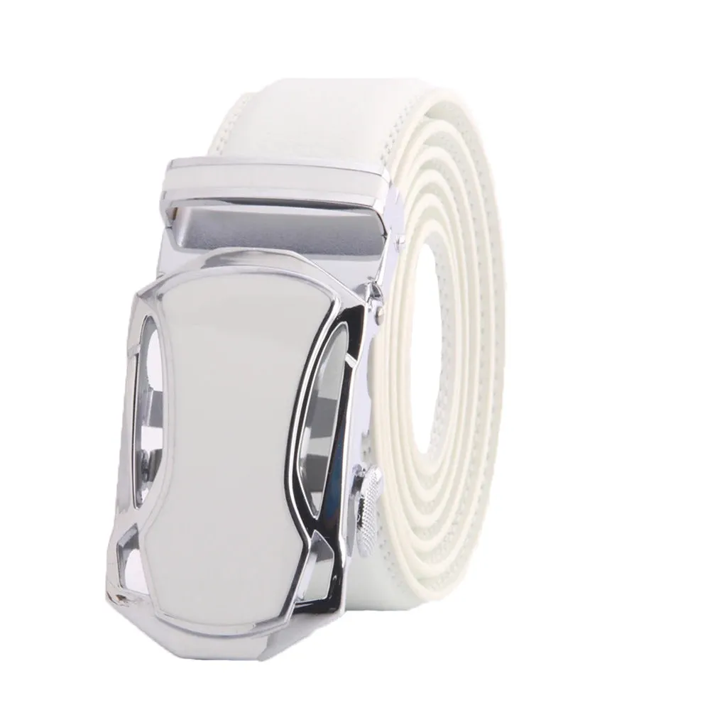 White Mens Adjustable Ratchet Slide Buckle Belt - Genuine Leather Automatic Belt with No Holes