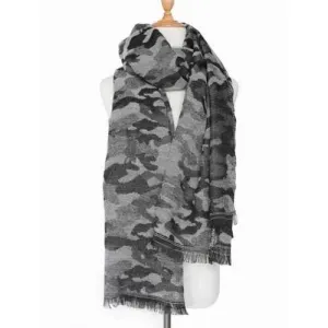 Winter Army Camouflage Pattern Fringed Shawl Scarf - Black