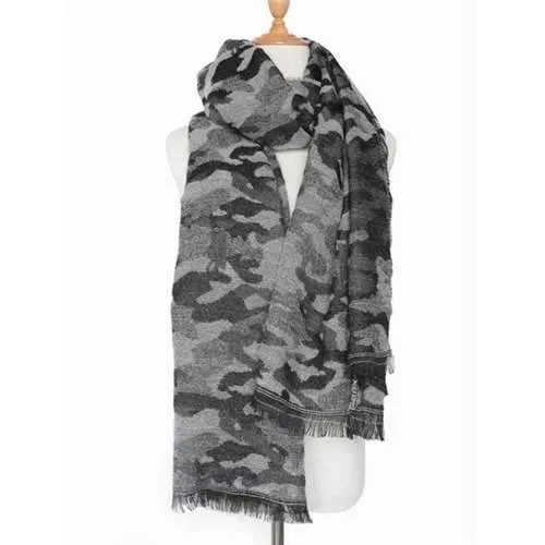 Winter Army Camouflage Pattern Fringed Shawl Scarf - Black