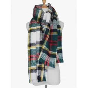 Winter Plaid Print Woven Fringed Scarf - Blackish Green