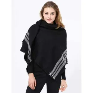 Winter Stripe Pattern Fringed Shawl Wrap Pashmina - Black