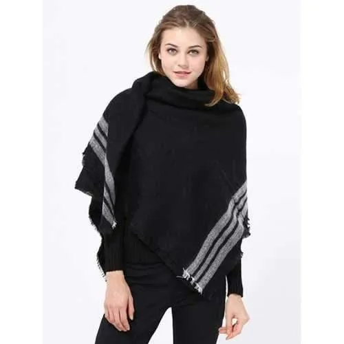 Winter Stripe Pattern Fringed Shawl Wrap Pashmina - Black