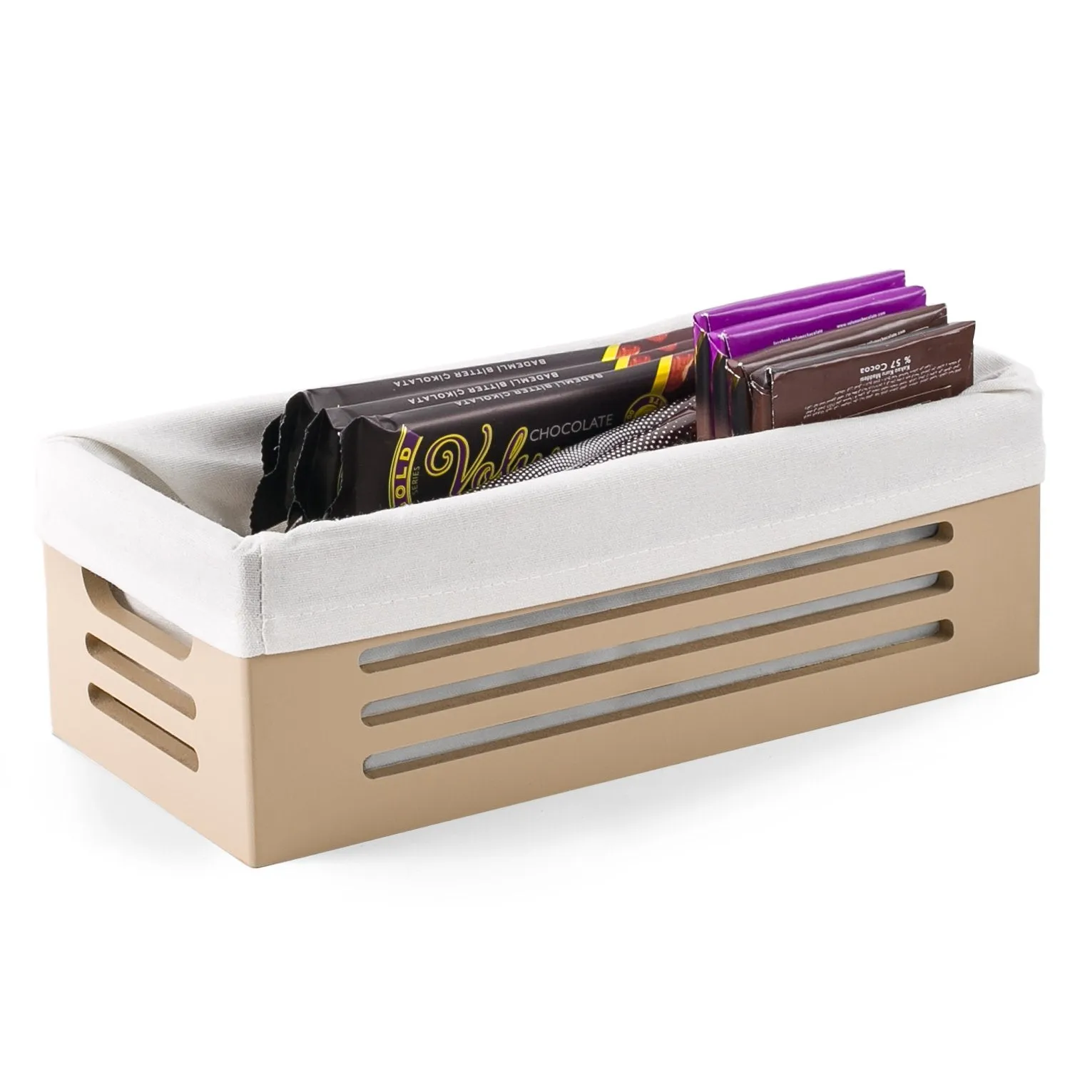 Wooden Storage Bin Container - Decorative Closet, Cabinet and Shelf Basket Organizer Lined with Machine Washable Soft Linen Fabric - Tan, Extra Small